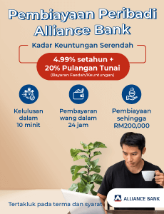 Pembiayaan peribadi alliance bank. 4.99% setahun + 20% Pulangan Tunai. Tertaluk pada terma dan syarat.